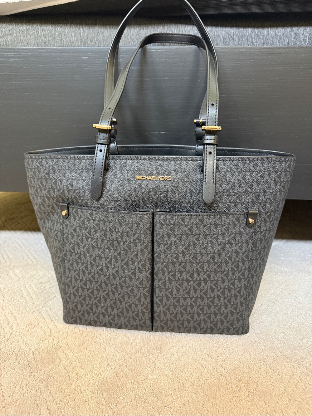 Michael Kors Black Gray Signature Tote with Gold Hardware